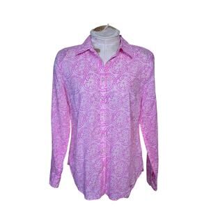 Talbots Women's Floral Geometric Button Front Roll Tab Sleeve Shirt Pink Size S